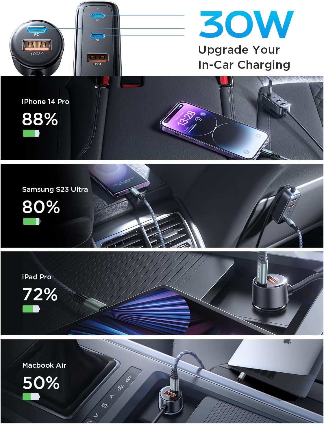 AINOPE USB C Car Charger Fast Charge, 60W Smallest USB Car Charger Flush  Fit 30W QC&30W PD Fast Cigarette Lighter USB Charger Compatible with iPhone