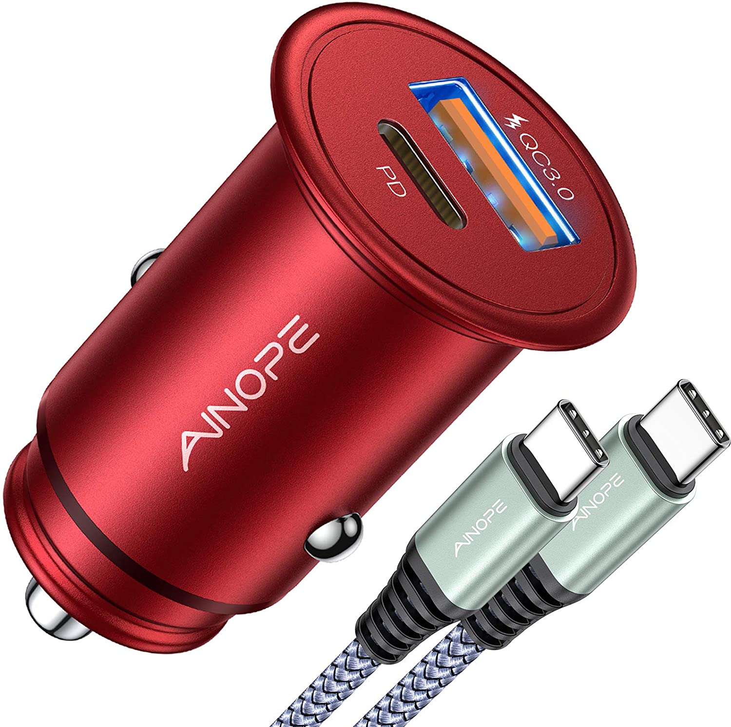  AINOPE 72W USB C Car Charger Adapter, PD36W & QC36W USBC Car  Fast Charger Mini & Metal 2-Port PD&QC30 Cigarette Lighter USB Charger