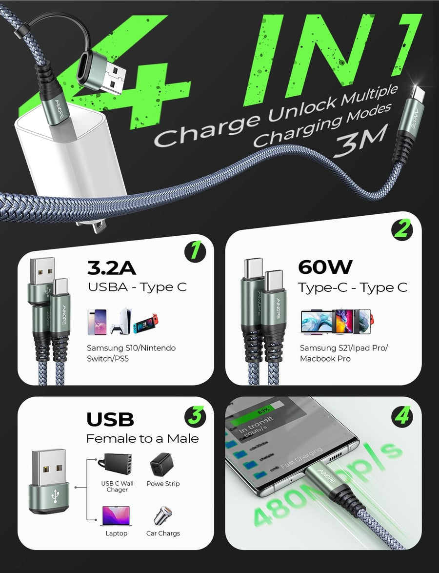 AINOPE 10ft  4 in 1  USB C Cable