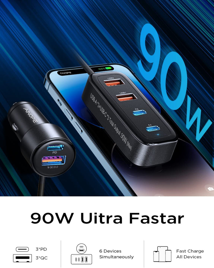 AINOPE 90W USB C Car Charger 6-Port Super Fast PD 30W & QC3.0 with 5FT Cable